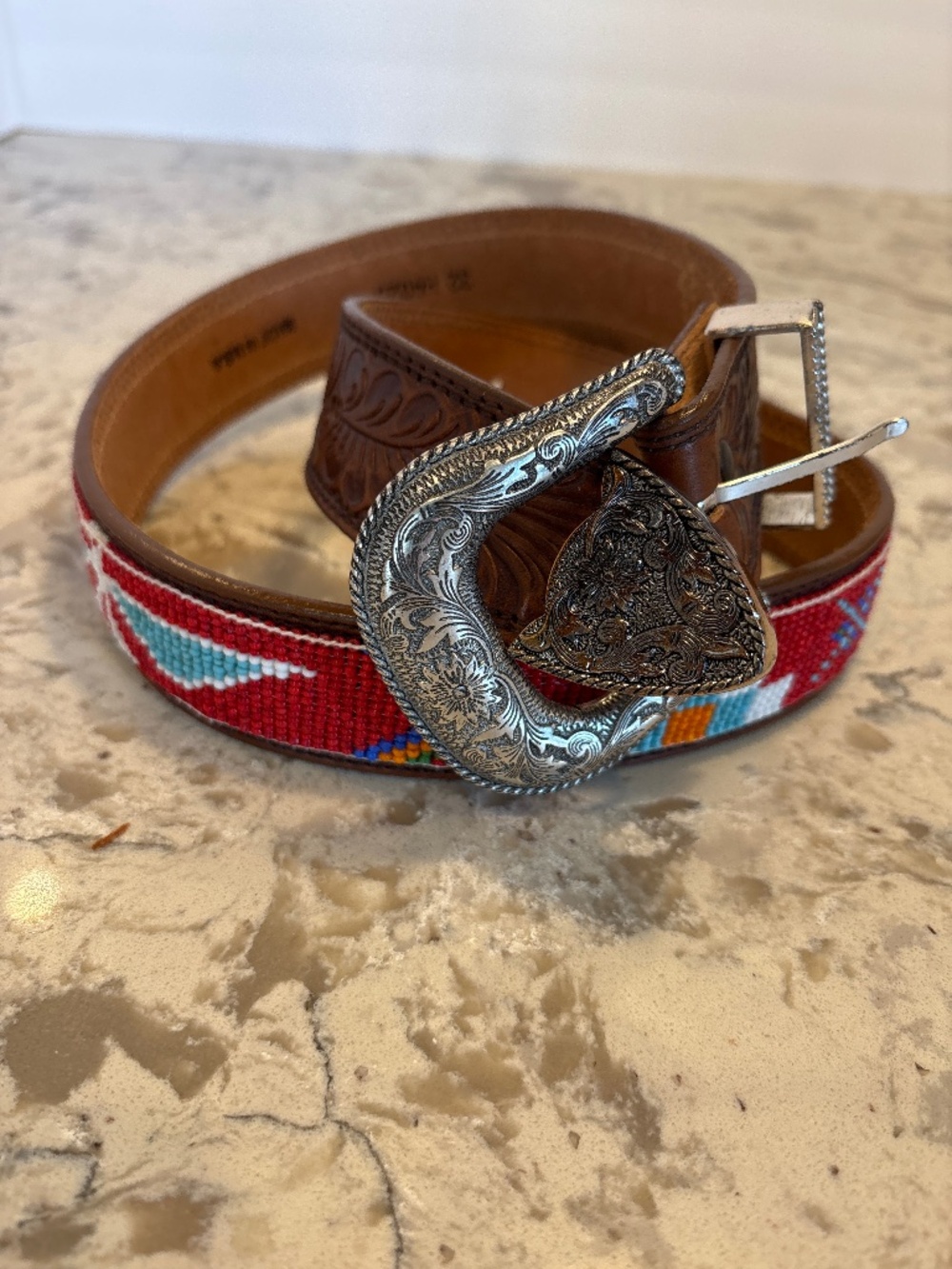 Vintage Western Tooled Leather Beaded Belt Red Turquoise SW USA Size 32